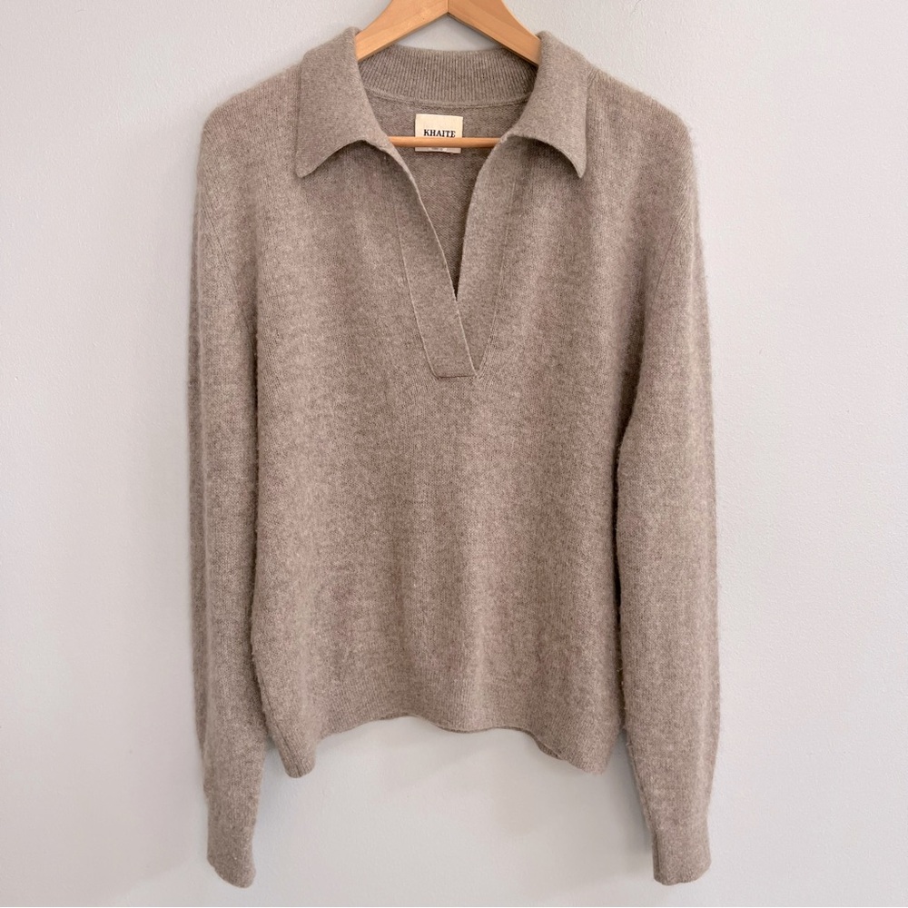 KHAITE Taupe V-Neck Polo Sweater